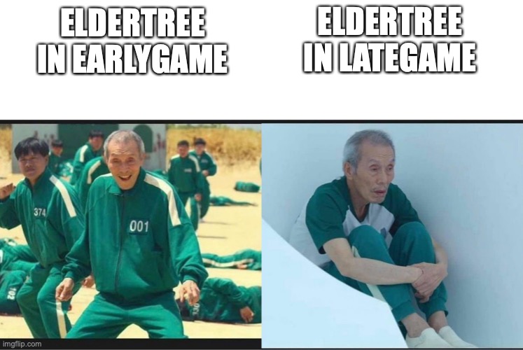 Roblox Bedwars ElderTree tho | ELDERTREE IN LATEGAME; ELDERTREE IN EARLYGAME | image tagged in squid game before after old man | made w/ Imgflip meme maker