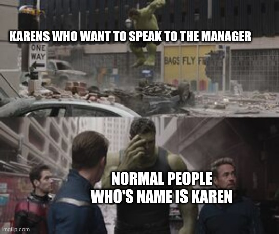 Image Title | KARENS WHO WANT TO SPEAK TO THE MANAGER; NORMAL PEOPLE WHO'S NAME IS KAREN | image tagged in regretful hulk | made w/ Imgflip meme maker