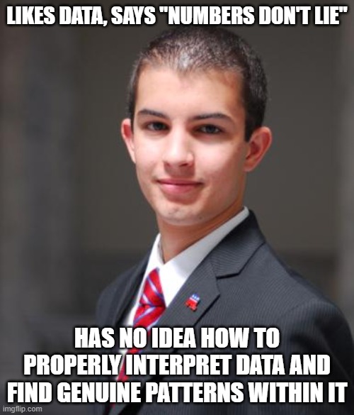 When You Don't Understand What Numbers Mean Because You Just Like How They Make You Feel | LIKES DATA, SAYS "NUMBERS DON'T LIE"; HAS NO IDEA HOW TO PROPERLY INTERPRET DATA AND FIND GENUINE PATTERNS WITHIN IT | image tagged in college conservative,conservative logic,numbers,data,feelings,lie | made w/ Imgflip meme maker