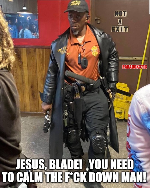 Bruh... | PARADOX3713; JESUS, BLADE!   YOU NEED TO CALM THE F*CK DOWN MAN! | image tagged in memes,funny,funny memes,blade,vampires | made w/ Imgflip meme maker