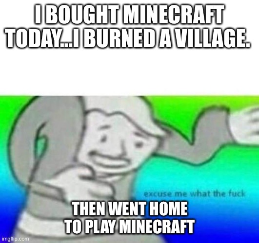 Fallout What thy f*ck | I BOUGHT MINECRAFT TODAY…I BURNED A VILLAGE. THEN WENT HOME TO PLAY MINECRAFT | image tagged in fallout what thy f ck | made w/ Imgflip meme maker