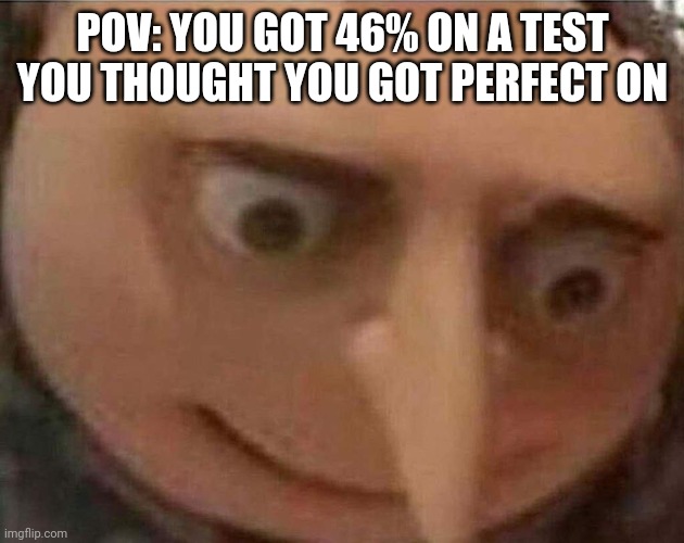 Mom: *snaps belt* | POV: YOU GOT 46% ON A TEST YOU THOUGHT YOU GOT PERFECT ON | image tagged in gru meme | made w/ Imgflip meme maker