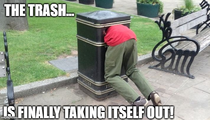 Trash takes itself out | THE TRASH... IS FINALLY TAKING ITSELF OUT! | image tagged in guy in trash can,coworker,coworkers,denise | made w/ Imgflip meme maker