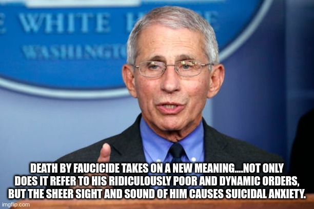 Dr. Fauci | DEATH BY FAUCICIDE TAKES ON A NEW MEANING....NOT ONLY DOES IT REFER TO HIS RIDICULOUSLY POOR AND DYNAMIC ORDERS, BUT THE SHEER SIGHT AND SOUND OF HIM CAUSES SUICIDAL ANXIETY. | image tagged in dr fauci | made w/ Imgflip meme maker