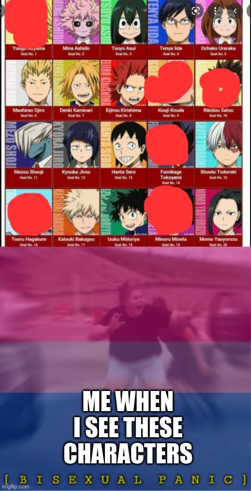 ME WHEN I SEE THESE CHARACTERS | image tagged in mha student list,bisexual panic | made w/ Imgflip meme maker
