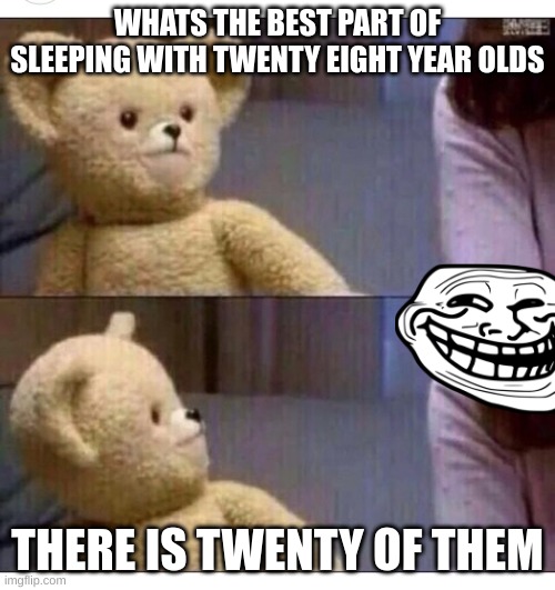hehehehe | WHATS THE BEST PART OF SLEEPING WITH TWENTY EIGHT YEAR OLDS; THERE IS TWENTY OF THEM | image tagged in wait what | made w/ Imgflip meme maker