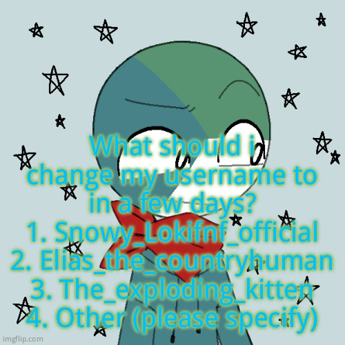 Elias the countryhuman | What should i change my username to in a few days?
1. Snowy_Lokifnf_official
2. Elias_the_countryhuman
3. The_exploding_kitten
4. Other (please specify) | image tagged in elias the countryhuman | made w/ Imgflip meme maker