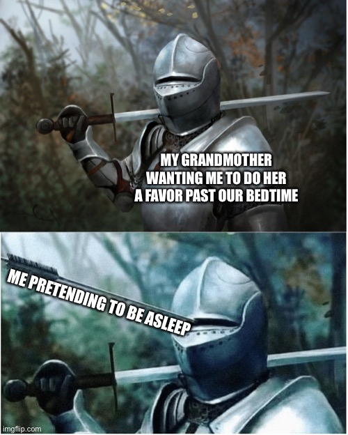Knight with arrow in helmet | MY GRANDMOTHER WANTING ME TO DO HER A FAVOR PAST OUR BEDTIME; ME PRETENDING TO BE ASLEEP | image tagged in knight with arrow in helmet | made w/ Imgflip meme maker