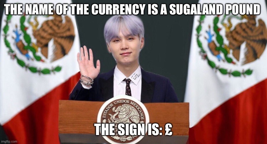 Suga the prez | THE NAME OF THE CURRENCY IS A SUGALAND POUND; THE SIGN IS: £ | image tagged in suga the prez | made w/ Imgflip meme maker