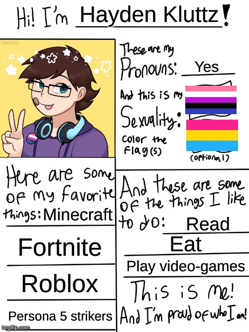 The pronouns are yes because i'm gender-fluid and they change very often | Hayden Kluttz; Yes; Minecraft; Read; Fortnite; Eat; Play video-games; Roblox; Persona 5 strikers | image tagged in lgbtq stream account profile | made w/ Imgflip meme maker