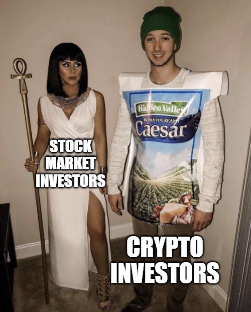 Cleopatra and Caesar | STOCK MARKET INVESTORS; CRYPTO INVESTORS | image tagged in cleopatra and caesar | made w/ Imgflip meme maker