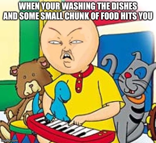 Caillou | WHEN YOUR WASHING THE DISHES AND SOME SMALL CHUNK OF FOOD HITS YOU | image tagged in caillou | made w/ Imgflip meme maker