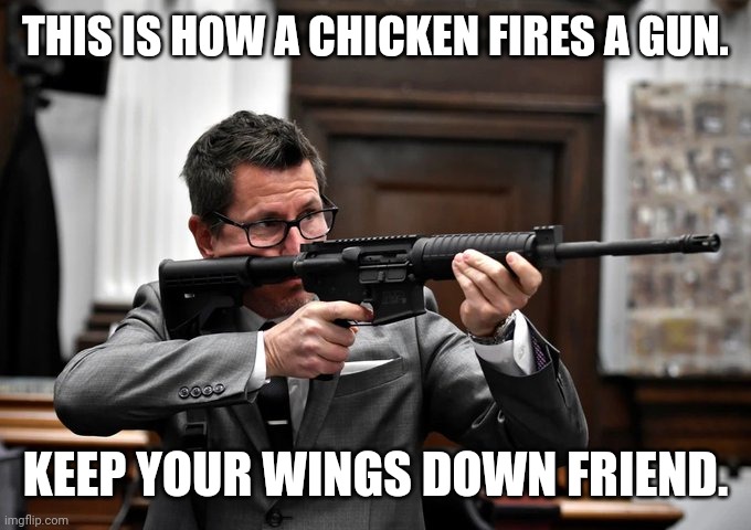 Only a chicken holds a gun like this. | THIS IS HOW A CHICKEN FIRES A GUN. KEEP YOUR WINGS DOWN FRIEND. | image tagged in binger blunder | made w/ Imgflip meme maker