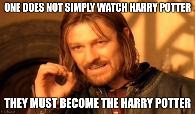 One Does Not Simply Meme | ONE DOES NOT SIMPLY WATCH HARRY POTTER; THEY MUST BECOME THE HARRY POTTER | image tagged in memes,one does not simply | made w/ Imgflip meme maker