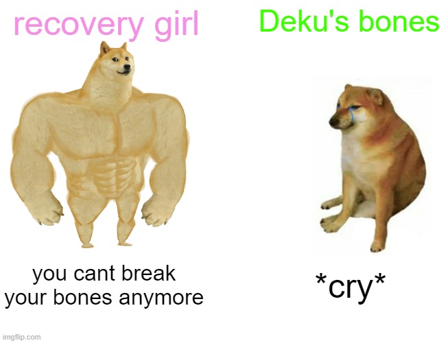 Buff Doge vs. Cheems | recovery girl; Deku's bones; you cant break your bones anymore; *cry* | image tagged in memes,buff doge vs cheems | made w/ Imgflip meme maker
