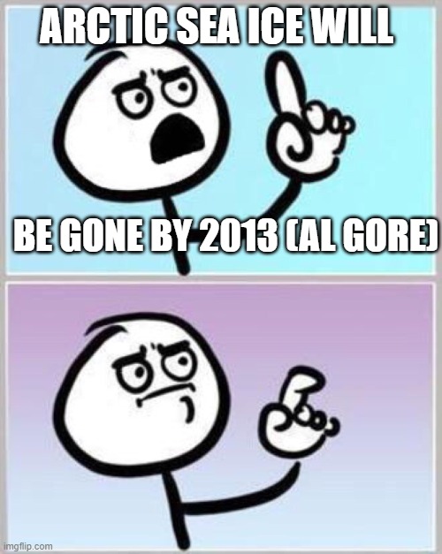 Wait what? | ARCTIC SEA ICE WILL BE GONE BY 2013 (AL GORE) | image tagged in wait what | made w/ Imgflip meme maker