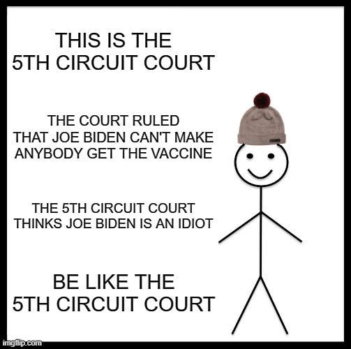 RULED | THIS IS THE 5TH CIRCUIT COURT; THE COURT RULED THAT JOE BIDEN CAN'T MAKE ANYBODY GET THE VACCINE; THE 5TH CIRCUIT COURT THINKS JOE BIDEN IS AN IDIOT; BE LIKE THE 5TH CIRCUIT COURT | image tagged in memes,be like bill,funny memes,funny,politics,vaccine | made w/ Imgflip meme maker