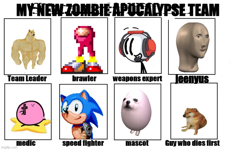 my new zombie apocalypse team | MY NEW ZOMBIE APOCALYPSE TEAM; jeenyus | image tagged in my zombie apocalypse team | made w/ Imgflip meme maker