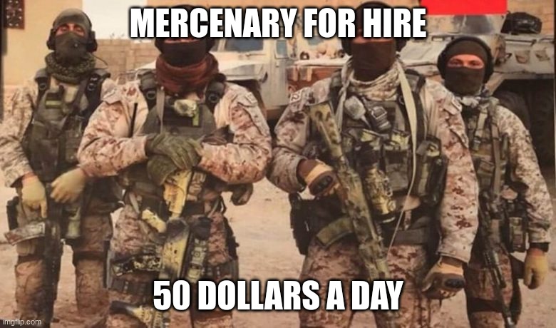 50 bucks is all it takes | MERCENARY FOR HIRE; 50 DOLLARS A DAY | image tagged in yes | made w/ Imgflip meme maker