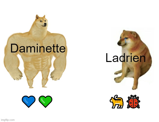 Daminette rules | Daminette; Ladrien; 💙💚; 🐈🐞 | image tagged in memes,buff doge vs cheems | made w/ Imgflip meme maker