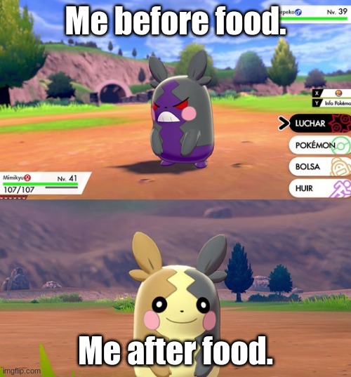 Morpeko is just like you and me! It gets hangry without food, and is happy with food! So it's just like us humans! | Me before food. Me after food. | image tagged in morpeko 2 formas,pokemon,morpeko,hangry to full | made w/ Imgflip meme maker