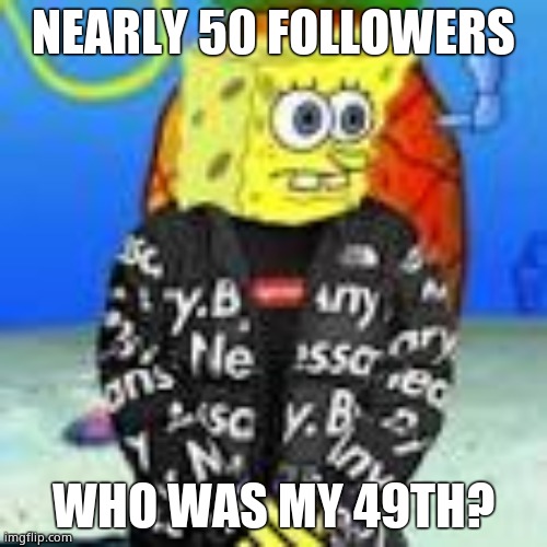 Spongebob Drip | NEARLY 50 FOLLOWERS; WHO WAS MY 49TH? | image tagged in spongebob drip | made w/ Imgflip meme maker