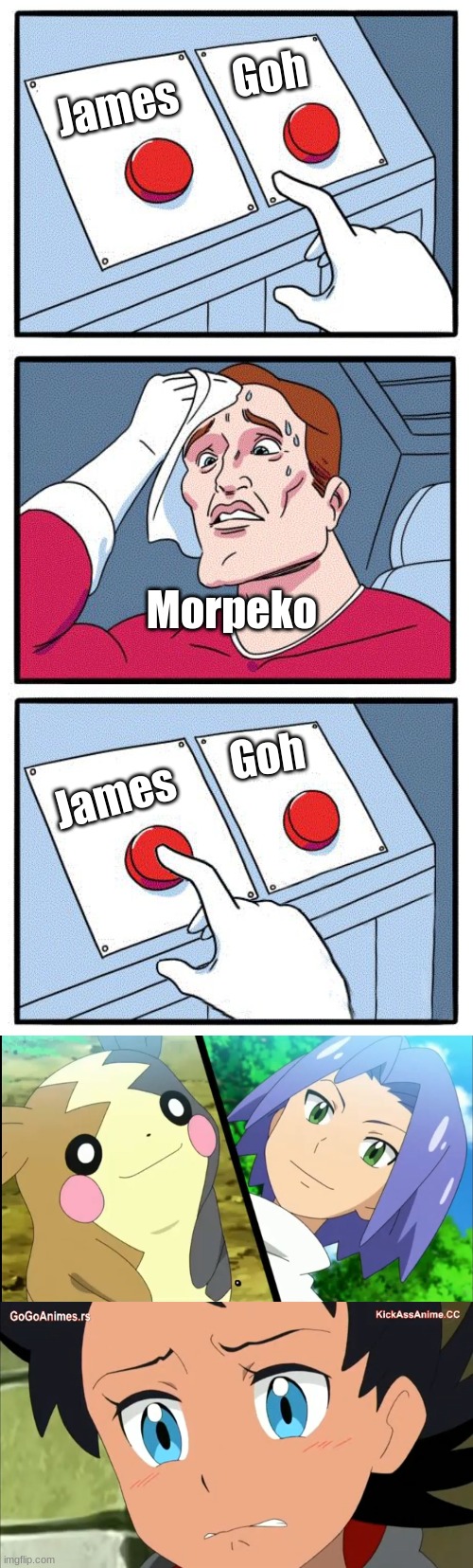 Morpeko choosing James over Goh. | Goh; James; Morpeko; Goh; James | image tagged in 2 button choice | made w/ Imgflip meme maker