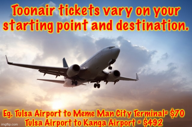 Air plane  | Toonair tickets vary on your starting point and destination. Eg. Tulsa Airport to Meme Man City Terminal= $70
Tulsa Airport to Kanga Airport = $492 | image tagged in air plane | made w/ Imgflip meme maker