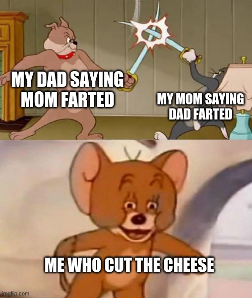 oh lord | MY DAD SAYING MOM FARTED; MY MOM SAYING DAD FARTED; ME WHO CUT THE CHEESE | image tagged in tom and jerry swordfight | made w/ Imgflip meme maker