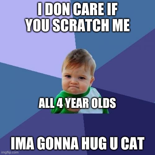 poor cat | I DON CARE IF YOU SCRATCH ME; ALL 4 YEAR OLDS; IMA GONNA HUG U CAT | image tagged in memes,success kid | made w/ Imgflip meme maker