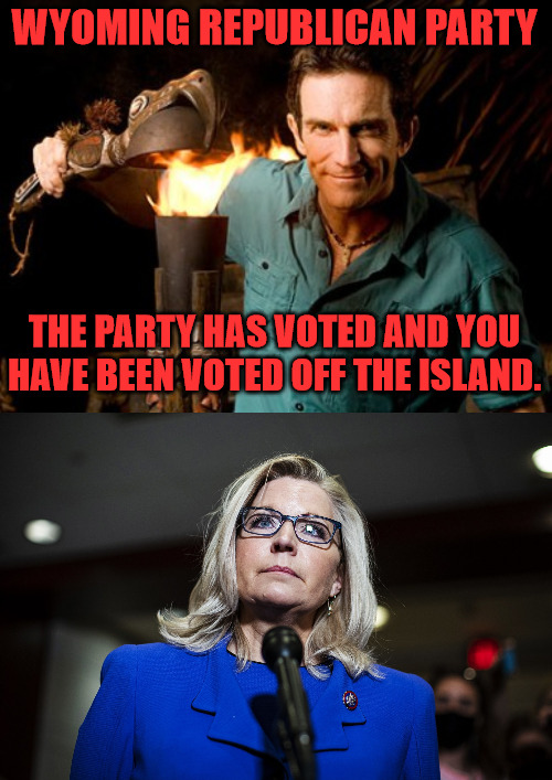 Liz Voted Out | WYOMING REPUBLICAN PARTY; THE PARTY HAS VOTED AND YOU HAVE BEEN VOTED OFF THE ISLAND. | image tagged in jeff probst,liz cheney | made w/ Imgflip meme maker