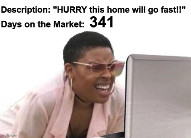 Realtor Life Meme Days on the Market | Days on the Market:; 341; Description: "HURRY this home will go fast!!" | image tagged in real estate,house,home,for sale,funny,invest | made w/ Imgflip meme maker