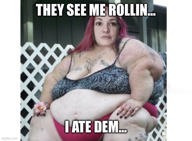 Rolly Polly | THEY SEE ME ROLLIN…; I ATE DEM… | image tagged in big woman | made w/ Imgflip meme maker