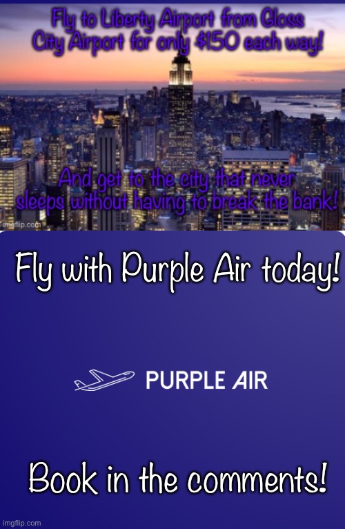 Fly with Purple Air today! Book in the comments! | image tagged in purple air logo | made w/ Imgflip meme maker