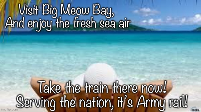 Vacation Beach | Visit Big Meow Bay,  And enjoy the fresh sea air; Take the train there now! Serving the nation, it’s Army rail! | image tagged in vacation beach | made w/ Imgflip meme maker