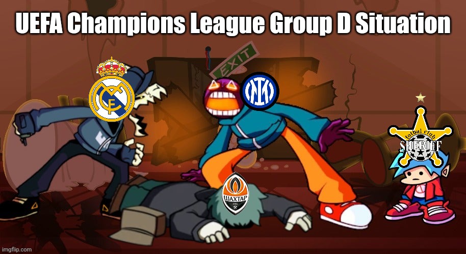 The UCL Group D Situation |  UEFA Champions League Group D Situation | image tagged in tabi vs whitty,champions league,real madrid,inter,sheriff,shakhtar | made w/ Imgflip meme maker