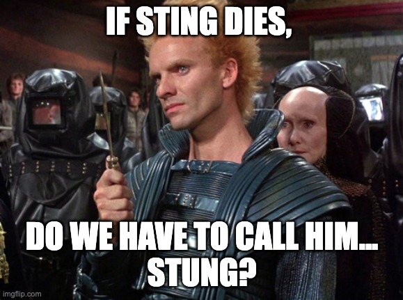 Stung | IF STING DIES, DO WE HAVE TO CALL HIM... 
STUNG? | image tagged in sting from dune i will kill you | made w/ Imgflip meme maker