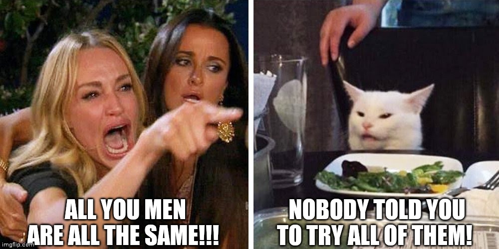 Nobody told you to! | ALL YOU MEN ARE ALL THE SAME!!! NOBODY TOLD YOU TO TRY ALL OF THEM! | image tagged in smudge the cat | made w/ Imgflip meme maker