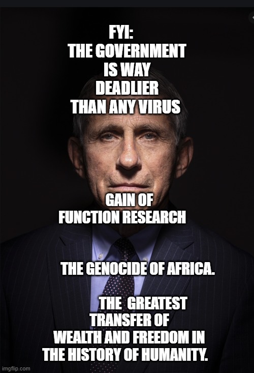 Fauci | FYI:     THE GOVERNMENT IS WAY DEADLIER THAN ANY VIRUS; GAIN OF FUNCTION RESEARCH                                    
      THE GENOCIDE OF AFRICA.                           THE  GREATEST TRANSFER OF WEALTH AND FREEDOM IN THE HISTORY OF HUMANITY. | image tagged in fauci | made w/ Imgflip meme maker