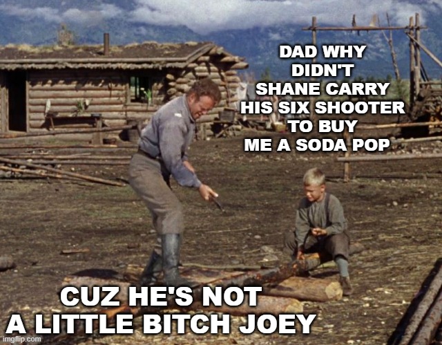 suicide is the only way a conservative can defend the constitution | DAD WHY DIDN'T SHANE CARRY HIS SIX SHOOTER TO BUY ME A SODA POP; CUZ HE'S NOT A LITTLE BITCH JOEY | image tagged in 2nd amendment | made w/ Imgflip meme maker