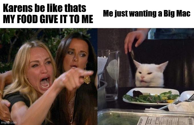 Woman Yelling At Cat Meme | Karens be like thats MY FOOD GIVE IT TO ME; Me just wanting a Big Mac | image tagged in memes,woman yelling at cat | made w/ Imgflip meme maker