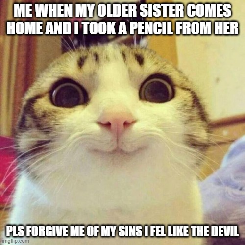 Smiling Cat |  ME WHEN MY OLDER SISTER COMES HOME AND I TOOK A PENCIL FROM HER; PLS FORGIVE ME OF MY SINS I FEL LIKE THE DEVIL | image tagged in memes,smiling cat | made w/ Imgflip meme maker