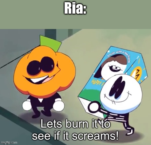Lets burn it to see if it screams! | Ria: | image tagged in lets burn it to see if it screams | made w/ Imgflip meme maker