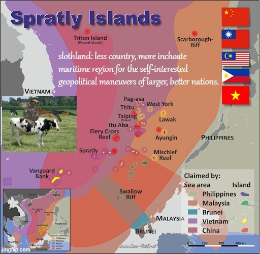 Welcome to slothland. It's every bit as headache-inducing as this map. | image tagged in slothland map,spratly islands,headache,inducing,map,islands | made w/ Imgflip meme maker