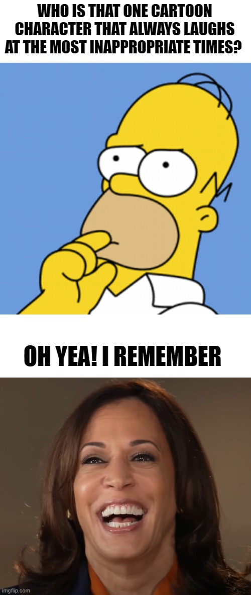 Like a cartoon character come to life | WHO IS THAT ONE CARTOON CHARACTER THAT ALWAYS LAUGHS AT THE MOST INAPPROPRIATE TIMES? OH YEA! I REMEMBER | image tagged in kamala harris,dope,stupid liberals,funny memes,politics lol,political meme | made w/ Imgflip meme maker