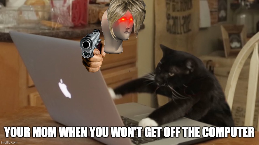 Furiously Typing Cat | OH NO; YOUR MOM WHEN YOU WON'T GET OFF THE COMPUTER | image tagged in furiously typing cat | made w/ Imgflip meme maker