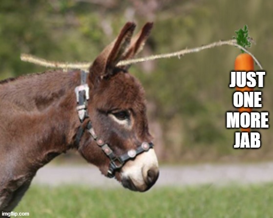 freedom, just one more | JUST
ONE
MORE
JAB | image tagged in carrot on a stick,freedom,jab,vax,comply | made w/ Imgflip meme maker