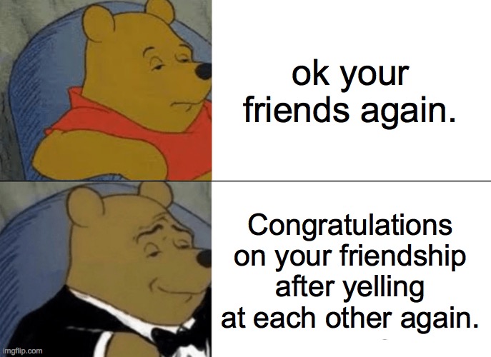 friendship | ok your friends again. Congratulations on your friendship after yelling at each other again. | image tagged in memes,tuxedo winnie the pooh | made w/ Imgflip meme maker