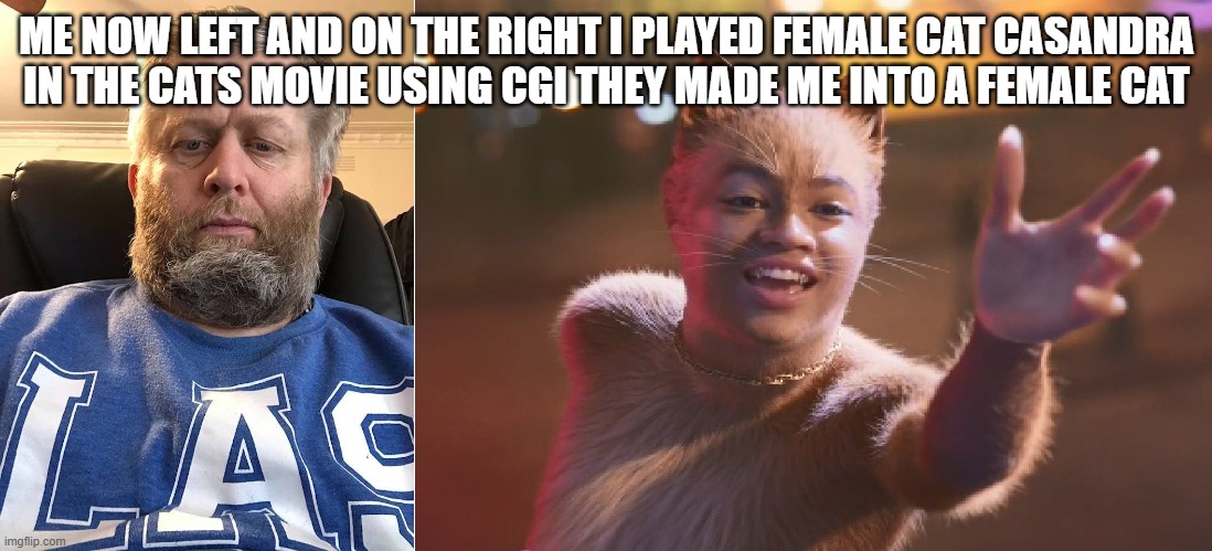 Andrew Taylor as Casandra | ME NOW LEFT AND ON THE RIGHT I PLAYED FEMALE CAT CASANDRA IN THE CATS MOVIE USING CGI THEY MADE ME INTO A FEMALE CAT | image tagged in andrew taylor as casandra | made w/ Imgflip meme maker