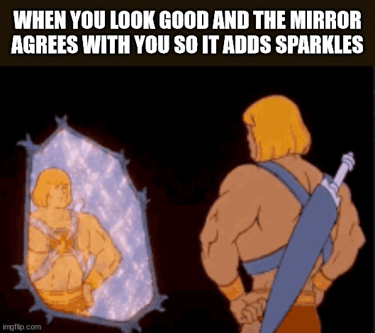 Lookin' Good | WHEN YOU LOOK GOOD AND THE MIRROR AGREES WITH YOU SO IT ADDS SPARKLES | image tagged in he-man,reflection,mirror | made w/ Imgflip meme maker